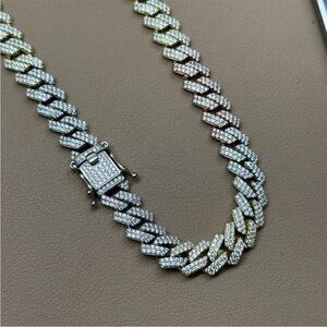 .925 Stunning Sterling Silver 3-Tone CZ Cuban Chain Necklace